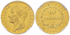 Premier Empire 1804-1814 
40 Francs, Limoges, 1806 I, AU 12.9 g. Ref : G.1082, Fr. 486 Conservation : NGC AU53 
Quantité : 7103 exemplaires.