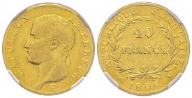 Premier Empire 1804-1814 
40 Francs, Toulouse, 1806 M, AU 12.9 g. Ref : G.1082, Fr. 486 Conservation : NGC XF45. 
Quantité : Quelques exemplaires co...
