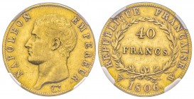 Premier Empire 1804-1814 
40 Francs, Lille, 1806 W, AU 12.9 g. Ref : G.1082, Fr. 483 Conservation : NGC AU Detail 
Quantité : 4336 exemplaires. Rare...