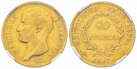 Premier Empire 1804-1814 
40 Francs, Limoges, 1807 I, AU 12.9 g. Ref : G.1082a, Fr. 486 Conservation : NGC XF45 
Quantité : 1859 exemplaires. Très R...