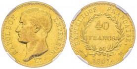 Premier Empire 1804-1814 
40 Francs, Toulouse, 1807 M, AU 12.9 g. Ref : G.1082a, Fr. 486 Conservation : NGC AU50 
Quantité : 4994 exemplaires. Rare