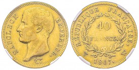 Premier Empire 1804-1814 
40 Francs, Lille, 1807 W, AU 12.9 g. Ref : G.1082a, Fr. 486 Conservation : NGC XF40 
Quantité : 6043 exemplaires. Rare