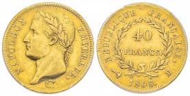 Premier Empire 1804-1814 
40 Francs, Toulouse, 1808 M, var. 8/7, AU 12.9 g. Ref : G.1083, Fr. 496 Conservation : PCGS XF45. 
Quantité : 4226 exempla...
