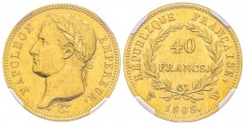 Premier Empire 1804-1814 
40 Francs, Lille, 1808 W, AU 12.9 g. Ref : G.1083, Fr. 496 Conservation : PCGS AU55 
Quantité : 6356 exemplaires. Rare