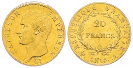 Premier Empire 1804-1814 
20 Francs, Paris, AN 14 A, AU 6.45 g. Ref : G.1022, Fr. 488 Conservation : PCGS MS63. Le plus bel exemplaire gradé.