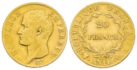 Premier Empire 1804-1814 
20 Francs, Perpignan, AN 14 Q, frappe médaille, AU 6.37 g. Ref : G.1022, Fr. 488 Conservation : TB/TTB 
Quantité : 2719 ex...