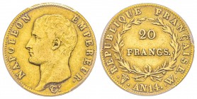 Premier Empire 1804-1814 
20 Francs, Lille, AN 14 W, AU 6.45 g. Ref : G.1022, Fr. 491 Conservation : NGC XF40. Le plus bel exemplaire gradé. Quantité...
