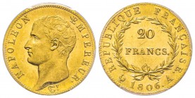 Premier Empire 1804-1814 
20 Francs, Paris, 1806 A, AU 6.45 g. Ref : G.1023, Fr. 488 Conservation : PCGS MS64. D’une conservation exceptionelle, magn...