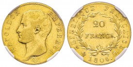 Premier Empire 1804-1814 
20 Francs, Perpignan, 1806 Q, AU 6.45 g. Ref : G.1023, Fr. 489 Conservation : NGC XF45 Quantité : 3973 exemplaires. Rare