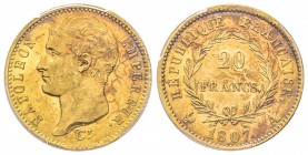 Premier Empire 1804-1814 
20 Francs, Paris, 1807 A, AU 6.45 g. Ref : G.1023a type transitoire Conservation : PCGS MS62. Magnifique avec attrayante co...