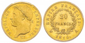 Premier Empire 1804-1814 
20 Francs, Paris, 1814 (4 relevé) A, AU 6.45 g. Ref : G.1025, Fr. 516 Conservation : PCGS MS63
