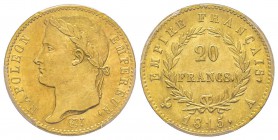 Cent-Jours, 20 mars-22 juin 1815
20 Francs, Paris, 1815 A, AU 6.45 g.
Ref : G.1025a, Fr. 522 Conservation : PCGS MS63 Rarissime dans cette qualité.