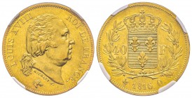 Louis XVIII 1815-1824
40 Francs, Perpignan, 1816 Q, AU 12.9 g. Ref : G.1092, Fr. 533 Conservation : PCGS MS61. Un des plus beaux exemplaires connus.