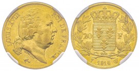 Louis XVIII 1815-1824
20 Francs, Lille, 1816 W, AU 6.45 g. Ref : G.1028, Fr. 539 Conservation : NGC AU55. Le plus haut grade connu. Quantité : 4295 e...