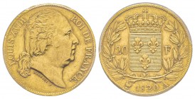 Louis XVIII 1815-1824
20 Francs, Paris, 1820 A sans tête de cheval, AU 6.45 g. Ref : G.1028a, Fr.538 Conservation : PCGS AU55 
Quantité : Rarissime....