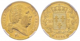 Louis XVIII 1815-1824
20 Francs, Marseille, 1824 MA, AU 6.45 g. Ref : G.1028, Fr. 546 Conservation : NGC AU50. Deuxième plus haut grade. Quantité : 2...