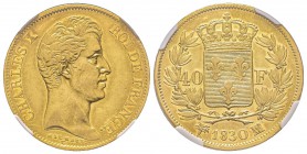 Charles X 1824-1830
40 Francs, Marseille, 1830 MA, AU 12.9 g.
Ref : G.1105, Fr. 549 Conservation : NGC AU55. Deuxième plus haut grade Quantité : 102...