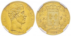 Charles X 1824-1830
20 Francs, Nantes, 1828 T, AU 6.45 g. Ref : G.1029, Fr. 549 Conservation : NGC AU58. Deuxième plus haut grade Quantité : 3175 exe...