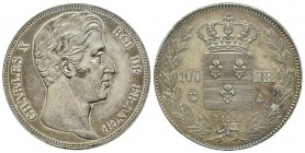 Charles X 1824-1830
Essai de 100 Francs non daté bronze argenté, Paris, ND (1830), par Tiolier, AE g. Tranche lisse
Avers : CHARLES X ROI DE France ...