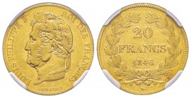 Louis Philippe 1830-1848
20 Francs, Lille, 1846 W, AU 6.45 g.
Ref : G.1031, Fr. 560 Conservation : NGC AU55. Le plus haut grade connu 
Quantité : 1...