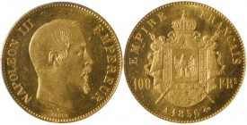 Second Empire 1852-1870
100 Francs, Paris, 1856 A, AU 32.25 g.
Ref : G.1135, Fr. 569 Conservation : PCGS MS63. D’aspect flan bruni avec les reliefs ...
