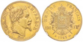 Second Empire 1852-1870
100 Francs, Paris, 1865 A, AU 32.25 g.
Ref : G.1136, Fr. 580 Conservation : NGC MS61 Quantité : 1517 exemplaires. Très rare...