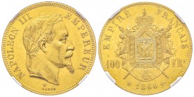 Second Empire 1852-1870
100 Francs, Strasbourg, 1866 BB, AU 32.25 g. Ref : G.1136, Fr. 580 Conservation : NGC MS62 Quantité : 3075 exemplaires. Rare