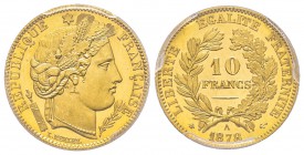 Troisième République 1870-1940
10 Francs, Paris, 1878 A, tranche cannelée, AU 3.22 g. Ref : G. 1016, Fr. 508 Conservation : PCGS PROOF 65 Deep Cameo...