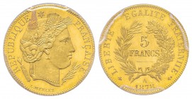 Troisième République 1870-1940
5 Francs, Paris, 1878 A, tranche cannelée, AU 1.61 g. Ref : G. 1003, Fr. 503 Conservation : PCGS PROOF 64 Deep Cameo...