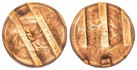 Cinquième République 1959 à nos jours
Monnaie de 2 centimes, 2008, Cu 3.06 g., avec double avers. Déformée. Conservation : Superbe