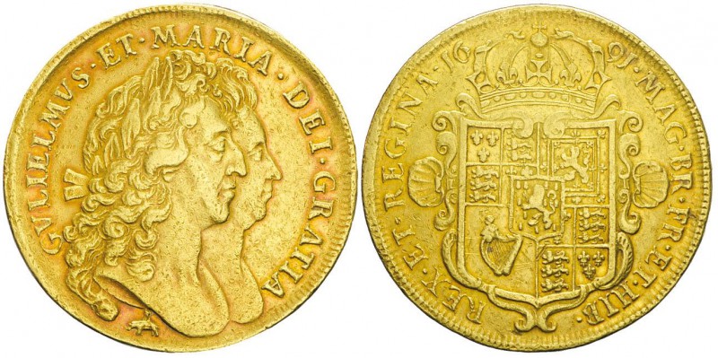 William III et Mary 1688-1694
5 Guineas, 1691, Elephant et Château, AU 41.7 g....