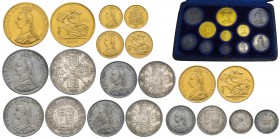 Victoria I 1837-1901
Jubilee Set, 1887, contenant 11 monnaies, en or 5-2-1 et 1/2 Pound et 7 monnaies en argent du Crown au 3 Pence. Ref : Spink 3864...