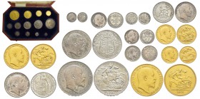 Edward VII 1901-1910
Specimen set contenant 13 monnaies, 5-2-1 & 1/2 Pound and 1-1/2 Crown, 2-1 Shilling, 4 Pence 1903, 4-3-2-1 Pence 1902 
Conserva...
