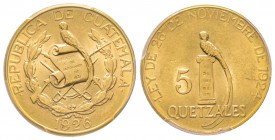 Guatemala, 5 Quetzales, 1926, AU 8.35 g. 
Ref : Fr. 50, X#M20 
Conservation : PCGS MS63