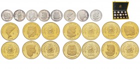 Guinea, Coffret 1969 Ancienne Egypte contenant 7 monnaies en argent de 500 Francs et 7 monnaies en or de 5000 Francs, AG 202.37 g. AU 140 g. 900‰ Cons...
