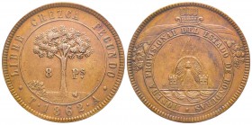 Honduras, Epreuve en bronze de 8 Pesos, 1862 TA, Tranche lisse, Frappe médaille, AE
Ref : KM#Pn4 Conservation : PCGS AU55 With Dots. Rare