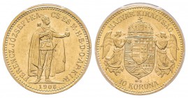 Hungary, Franz Joseph 1848-1916
10 Korona, 1906 KB, AU 3.39 g. Ref : Fr. 252, KM#485 Conservation : PCGS MS62+