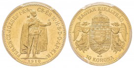 Hungary, Franz Joseph 1848-1916
10 Korona, 1910 KB, AU 3.39 g. Ref : Fr. 252, KM#485 Conservation : PCGS MS62