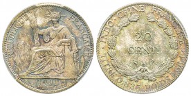 French Indo China
20 centimes, Paris, 1911 A, AG 5.4 g.
Ref : Lec. 210 Conservation : PCGS MS66