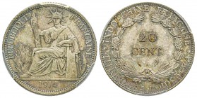 French Indo China
20 centimes, Paris, 1914 A, AG 5.4 g.
Ref : Lec. 213 Conservation : PCGS MS66