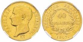 Département de l’Éridan 1802-1814
40 Francs, Turin, 1807 U, AU 12.9 g.
Ref : G.1082a, Pag. 13 
Conservation : NGC VF35 Quantité : 619 exemplaires. ...