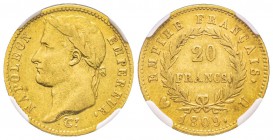 Département de l’Éridan 1802-1814
20 Francs, Turin, 1809 U, AU 6.45 g.
Ref : G.1025, Pag. 20 Conservation : NGC AU50 Quantité : 3400 exemplaires. Tr...