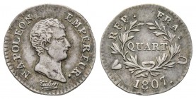 Département de l’Éridan 1802-1814
Quart de franc, Turin, 1807 U, AG 1.26 g.
Ref : G.346, Pag.63
Conservation : TTB. Rare