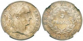 Département de Gênes 1805-1814
5 Francs, Gênes, 1813 CL, AG 25 g. Ref : G.584, Pag. 23 Conservation : NGC AU53. Le plus bel exemplaire gradé.