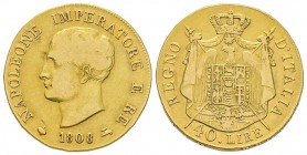 Royaume d’Italie 1805-1814
40 Lire, Milan, 1808 (M), sans M, AU 12.79 g.
Ref : G. 8, Pag. 11b Conservation : TTB+