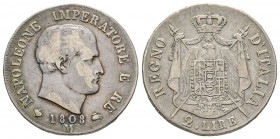 Royaume d’Italie 1805-1814
2 Lire, Milan, 1808 M, tranche en relief, AG 9.86 g.
Ref : Pag. 34
Ex Vente Nomisma 39, lot 2240 Conservation : TB+