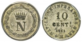 Royaume d’Italie 1805-1814
10 Centimes, Milan, 1811 M, Billon 2 g.
Ref : Pag. 69 Conservation : PCGS AU58