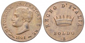 Royaume d’Italie 1805-1814
1 Soldo, Bologne, 1808, Cu 10.50 g.
Ref : Pag. 66
Ex Vente Nomisma, 30, lot 2043
Conservation : Superbe