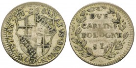 Bologna, Governo Popolare 1796-1797
2 Carlini, Mi 5.13 g., tranche lisse
Ref : MIR 60 (R2), Pag. 41
Ex Vente Nomisma 40, lot 847 Conservation : TTB