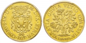 Livorno, Cosimo III de’ Medici 1670-1723
Pezza d’oro della Rosa, 1718, AU 6.89 g.
Ref : MIR 69/3 (R3), Fr.466, Pucci 108 Conservation : PCGS MS63. R...